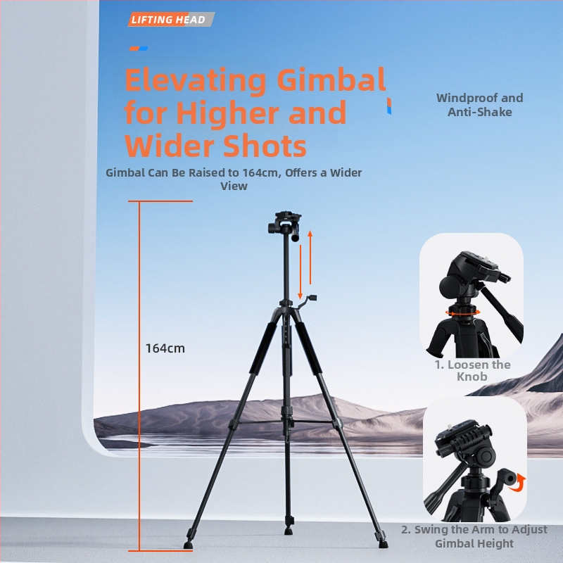 Grindinis stovintis tripodas mobiliam telefonui ir kamerai iš aliuminio lydinio, 3 dalių kojos, 3D gimbal PTZ, greita atleidimo plokštelė, apkrova 2-5 kg