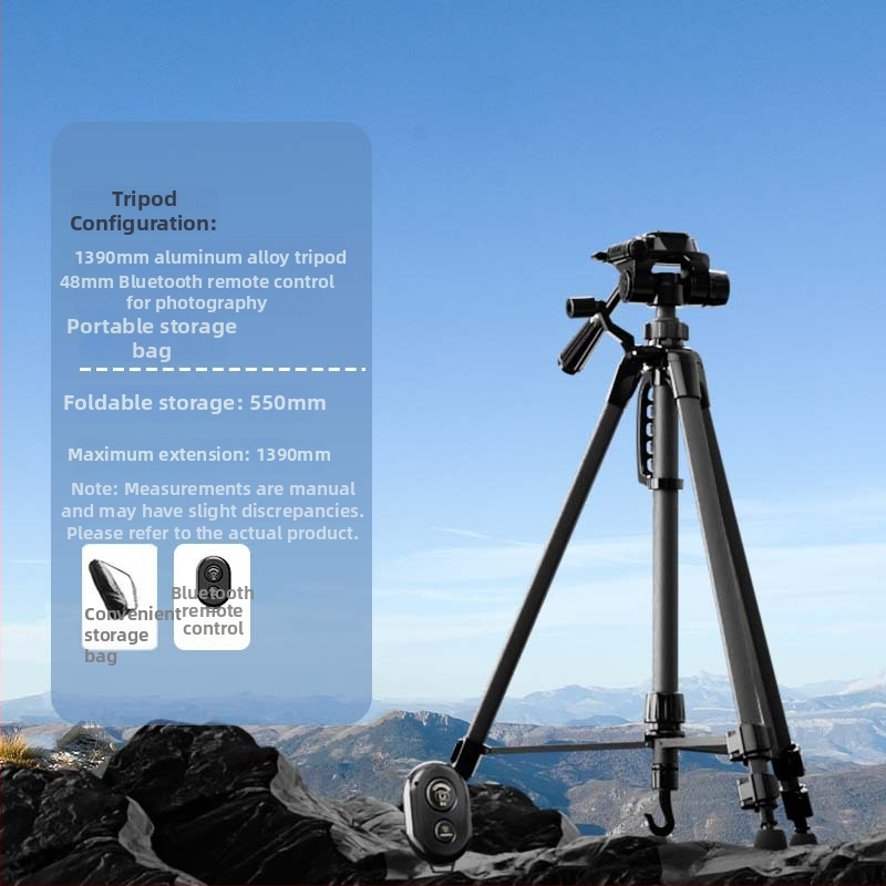 Grindinis stovintis tripodas mobiliam telefonui ir kamerai iš aliuminio lydinio, 3 dalių kojos, 3D gimbal PTZ, greita atleidimo plokštelė, apkrova 2-5 kg