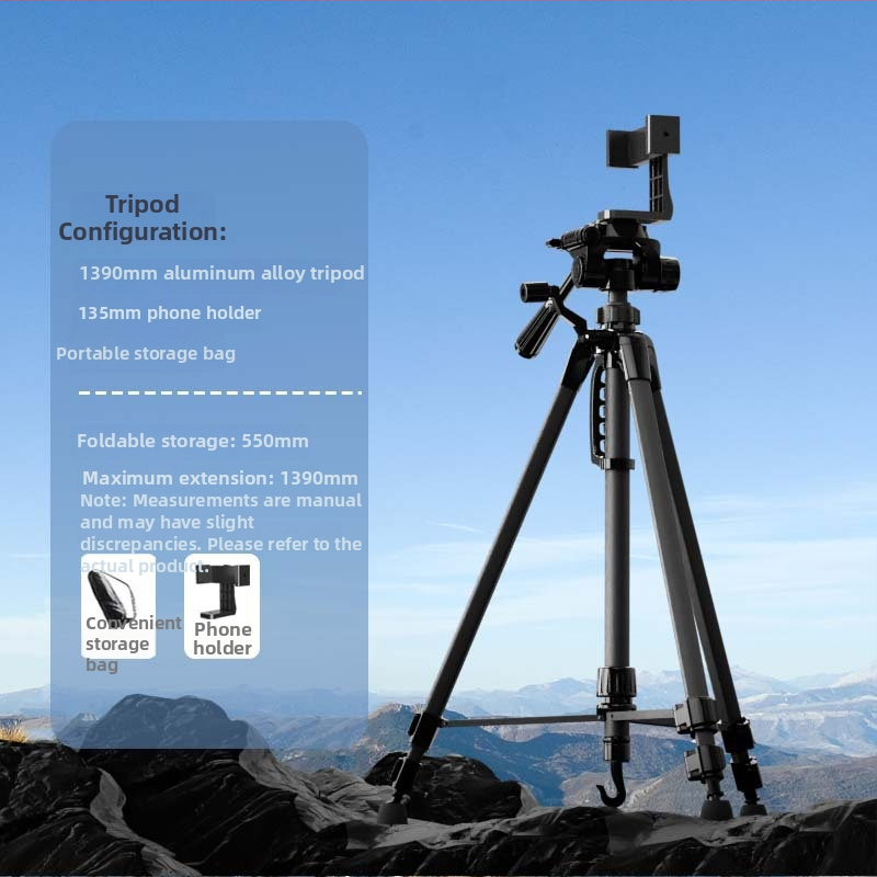 Grindinis stovintis tripodas mobiliam telefonui ir kamerai iš aliuminio lydinio, 3 dalių kojos, 3D gimbal PTZ, greita atleidimo plokštelė, apkrova 2-5 kg