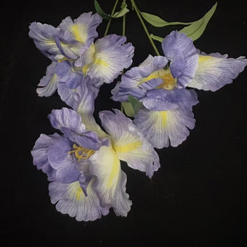 Umjetni iris svilenih cvjetova za vjenčanja i kućni dekor, rekviziti za fotografiju; materijal: plastika i svila; izrada: stiliziranje, bojanje, polu‑ručna i polu‑mehanička