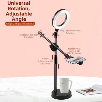 Nadstojan s integrovaným svetlom pre mobilný telefón, stolný stojan na živé vysielanie s nastaviteľným gimbalom, kovovo-plastová konštrukcia, univerzálny dizajn, vhodné na fotografovanie šperkov a jedál
