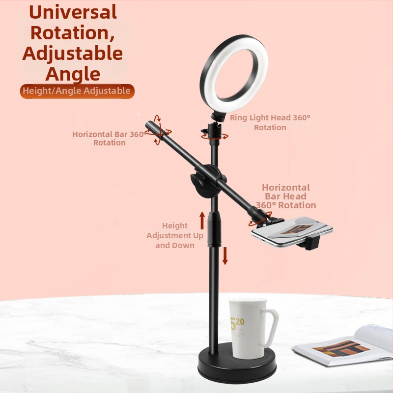 Nadstojan s integrovaným svetlom pre mobilný telefón, stolný stojan na živé vysielanie s nastaviteľným gimbalom, kovovo-plastová konštrukcia, univerzálny dizajn, vhodné na fotografovanie šperkov a jedál