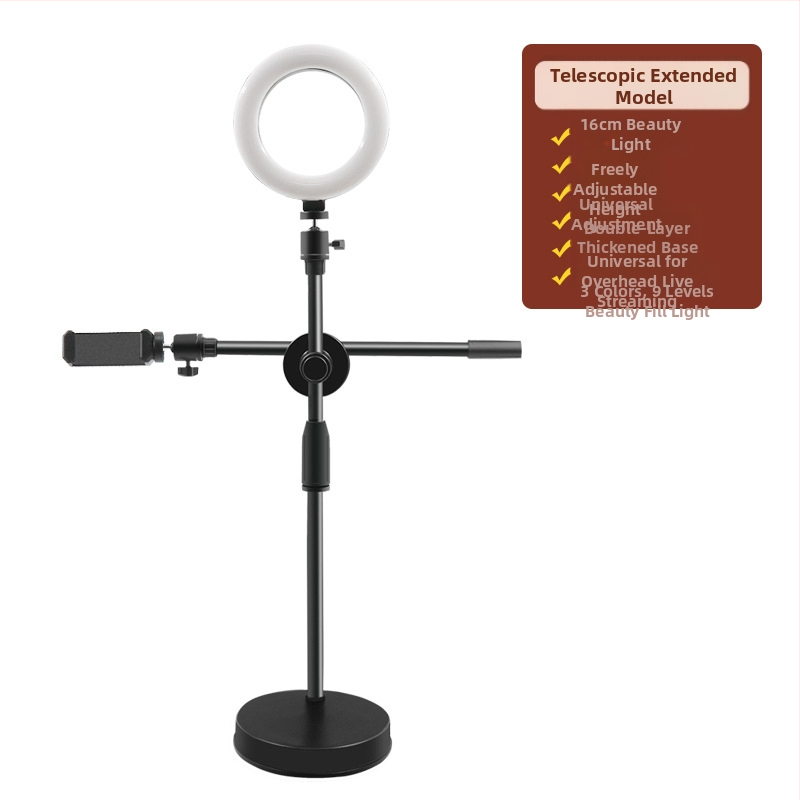 Nadstojan s integrovaným svetlom pre mobilný telefón, stolný stojan na živé vysielanie s nastaviteľným gimbalom, kovovo-plastová konštrukcia, univerzálny dizajn, vhodné na fotografovanie šperkov a jedál