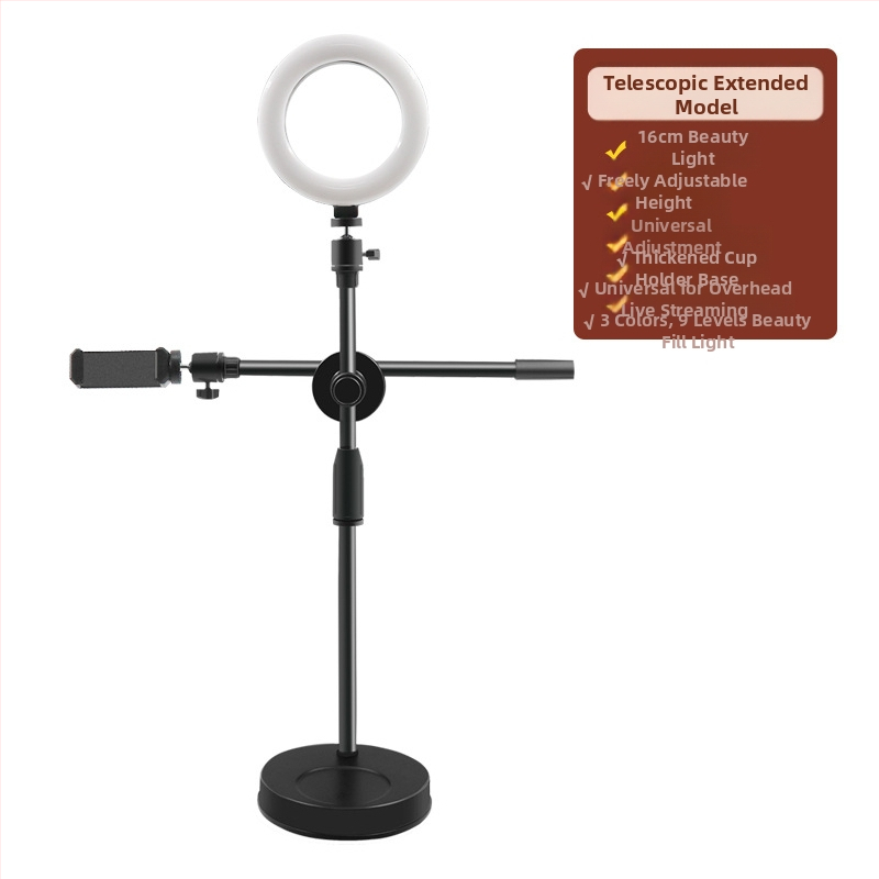 Nadstojan s integrovaným svetlom pre mobilný telefón, stolný stojan na živé vysielanie s nastaviteľným gimbalom, kovovo-plastová konštrukcia, univerzálny dizajn, vhodné na fotografovanie šperkov a jedál