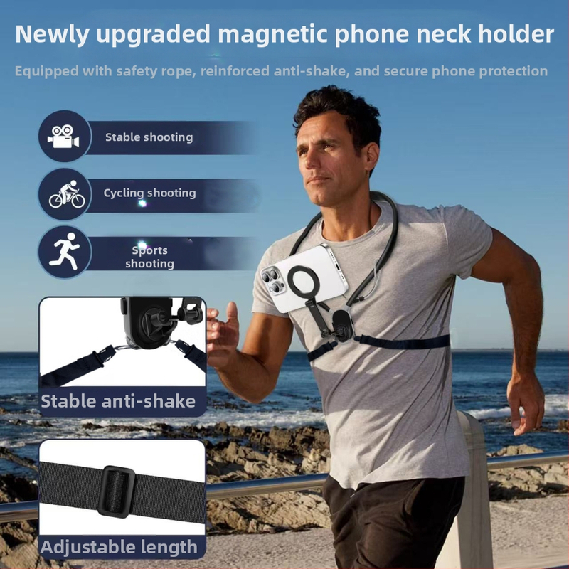 Magnetický držiak na telefón na nosenie na krku pre pohľad z prvej osoby na hrudi, proti otrasom, konštrukcia zo silikónu/ľahkej zliatiny/plastu