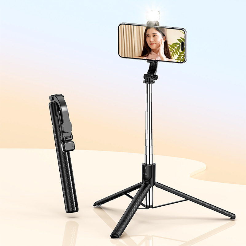 Integrēts Bluetooth selfie sticks mobilajam telefonam — pārnēsājams, stabils statīvs ar tālvadības pulti, apgaismojums un IBIS saderība (ABS + nerūsējošais tērauds)