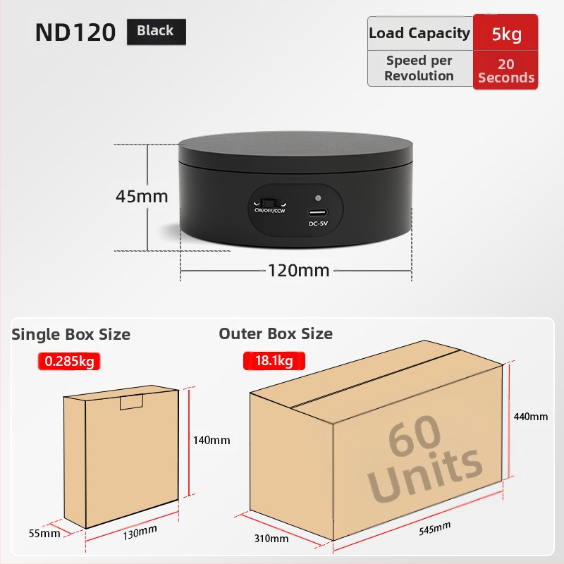 Turntable king elektrinis besisukantis fotografinis staliukas ND120 – plastmasinis korpusas, apkrova 2–5 kg, tinkamas vaizdo įrašams ir ekspozicijoms