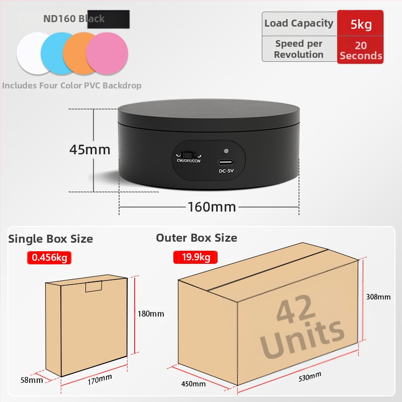 Turntable king elektrinis besisukantis fotografinis staliukas ND120 – plastmasinis korpusas, apkrova 2–5 kg, tinkamas vaizdo įrašams ir ekspozicijoms