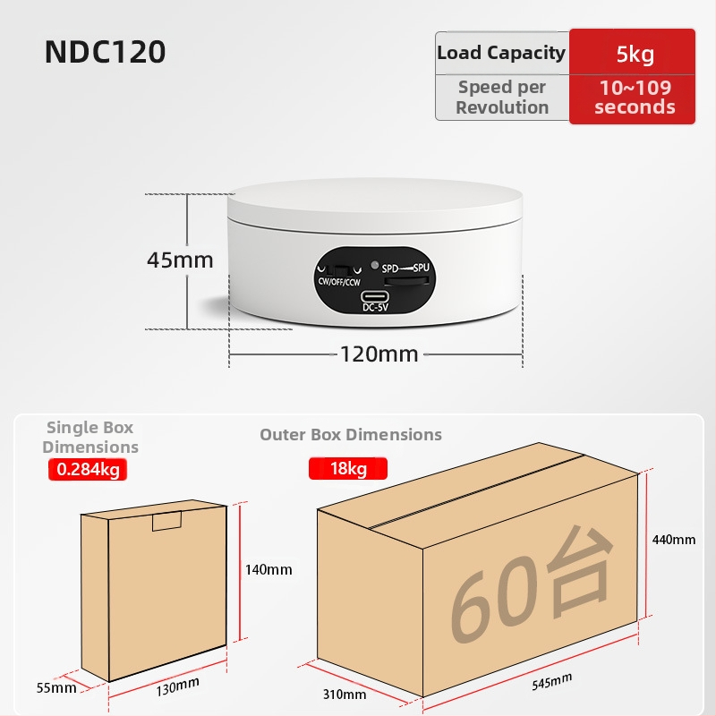 Turntable king elektrinis besisukantis fotografinis staliukas ND120 – plastmasinis korpusas, apkrova 2–5 kg, tinkamas vaizdo įrašams ir ekspozicijoms