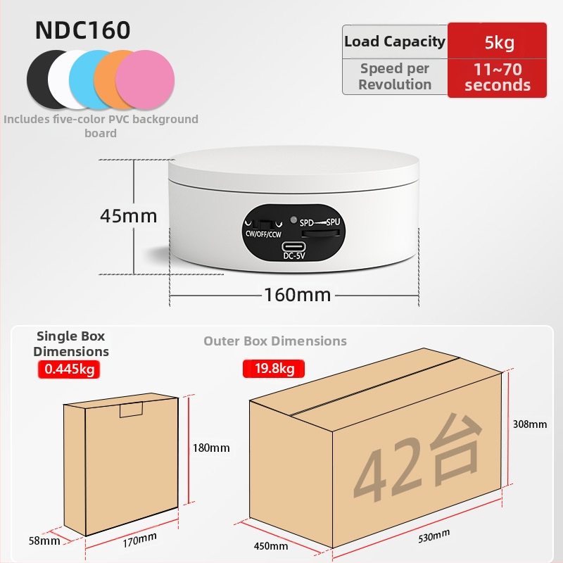 Turntable king elektrinis besisukantis fotografinis staliukas ND120 – plastmasinis korpusas, apkrova 2–5 kg, tinkamas vaizdo įrašams ir ekspozicijoms