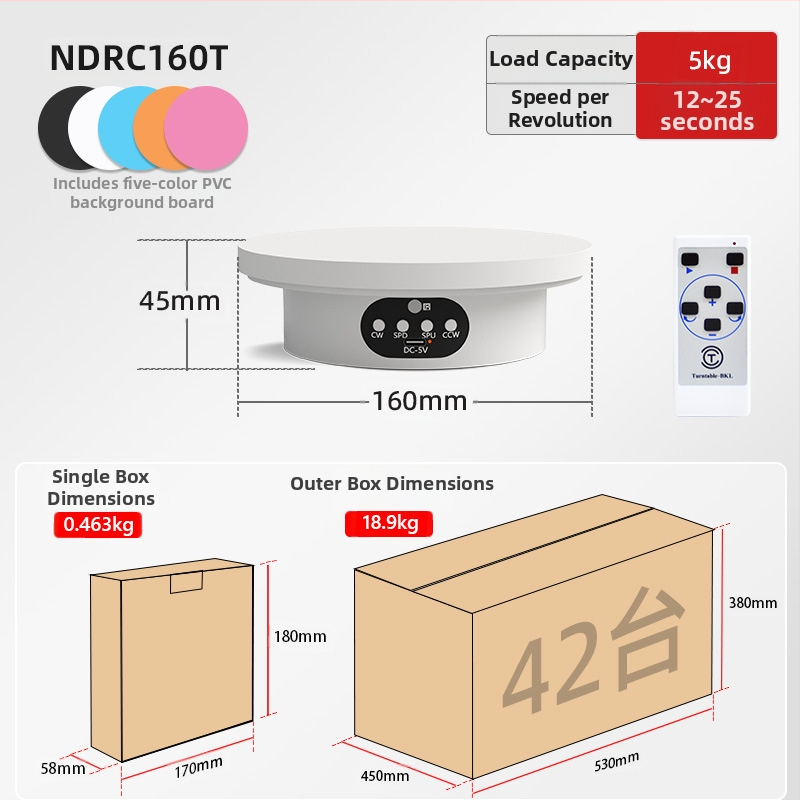 Turntable king elektrinis besisukantis fotografinis staliukas ND120 – plastmasinis korpusas, apkrova 2–5 kg, tinkamas vaizdo įrašams ir ekspozicijoms