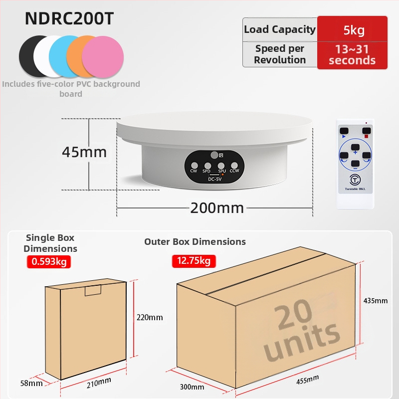 Turntable king elektrinis besisukantis fotografinis staliukas ND120 – plastmasinis korpusas, apkrova 2–5 kg, tinkamas vaizdo įrašams ir ekspozicijoms