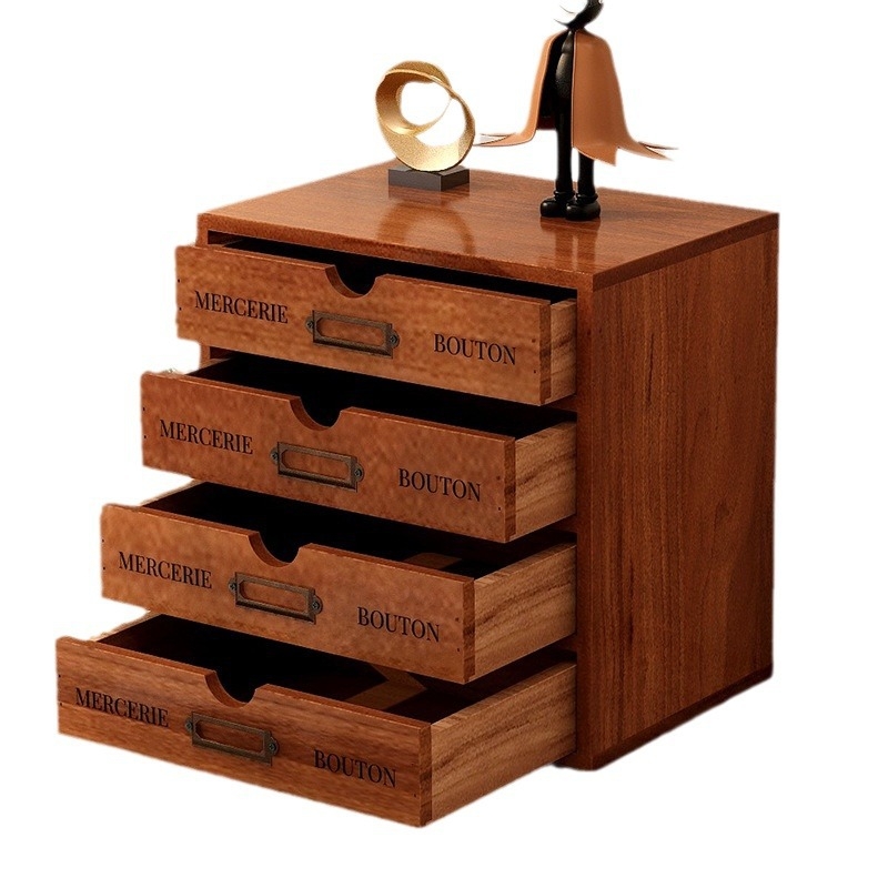 Fa asztali tároló rendező, négy szintes, emelt dizájn, mozgatható, porálló kozmetikai tárolásra