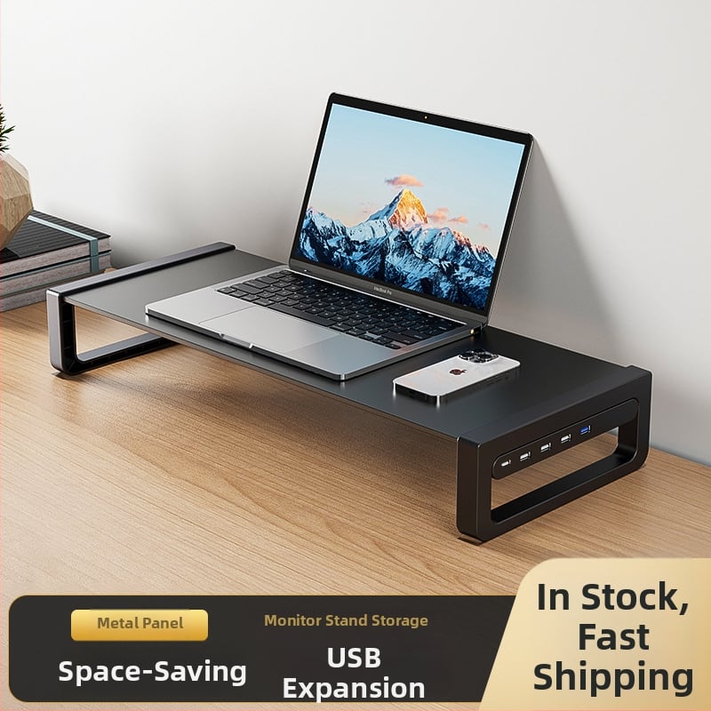 Monitora augstuma statīvs ar plaukta uzglabāšanas vietu darbam ar klēpjdatoru un LCD monitoru, sērija T/B, materiāls: dzelzs/tempered stikls, svars 1.5 kg