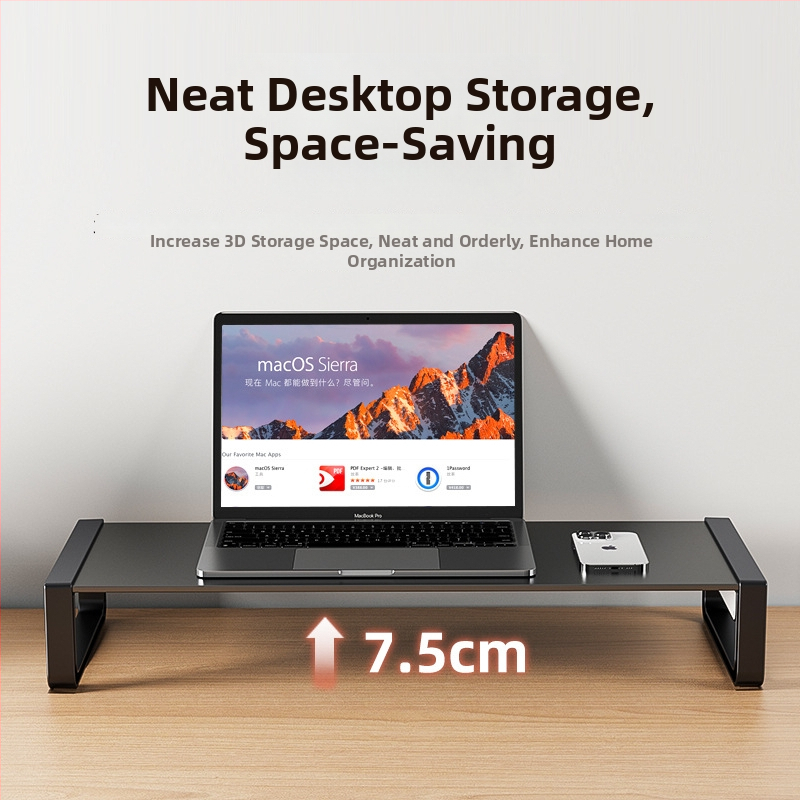 Monitora augstuma statīvs ar plaukta uzglabāšanas vietu darbam ar klēpjdatoru un LCD monitoru, sērija T/B, materiāls: dzelzs/tempered stikls, svars 1.5 kg