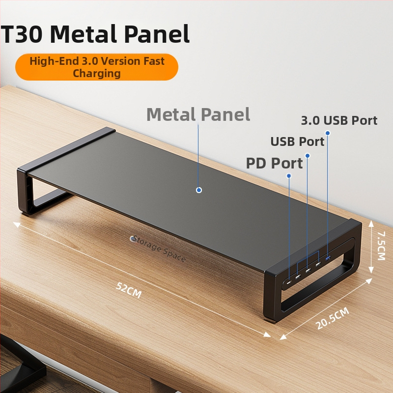 Monitora augstuma statīvs ar plaukta uzglabāšanas vietu darbam ar klēpjdatoru un LCD monitoru, sērija T/B, materiāls: dzelzs/tempered stikls, svars 1.5 kg