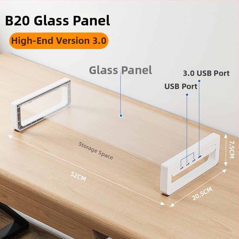 Monitora augstuma statīvs ar plaukta uzglabāšanas vietu darbam ar klēpjdatoru un LCD monitoru, sērija T/B, materiāls: dzelzs/tempered stikls, svars 1.5 kg
