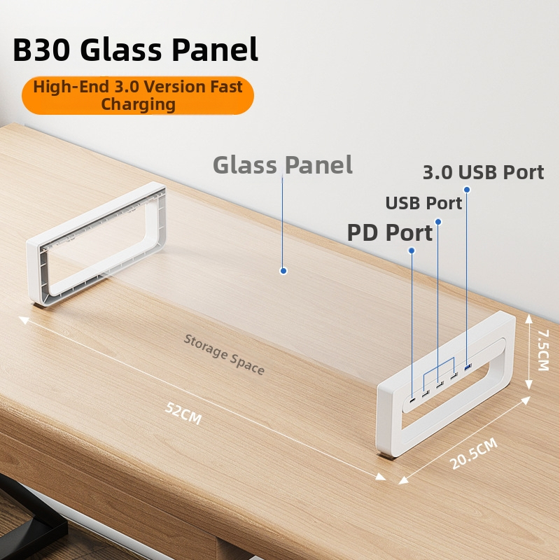 Monitora augstuma statīvs ar plaukta uzglabāšanas vietu darbam ar klēpjdatoru un LCD monitoru, sērija T/B, materiāls: dzelzs/tempered stikls, svars 1.5 kg