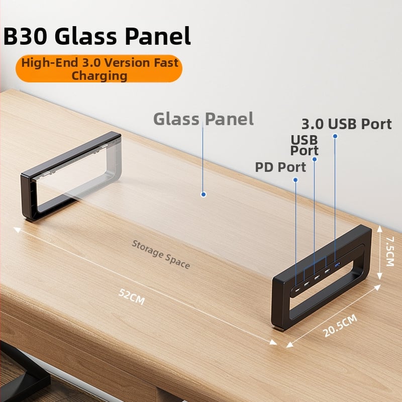 Monitora augstuma statīvs ar plaukta uzglabāšanas vietu darbam ar klēpjdatoru un LCD monitoru, sērija T/B, materiāls: dzelzs/tempered stikls, svars 1.5 kg