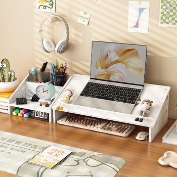 Datora klēpjdatora dzesēšanas statīvs ar regulējamu galda augstumu, kakla atbalstu un uzglabāšanas plauktu