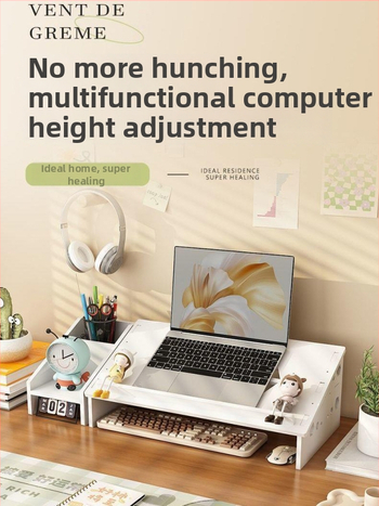 Datora klēpjdatora dzesēšanas statīvs ar regulējamu galda augstumu, kakla atbalstu un uzglabāšanas plauktu