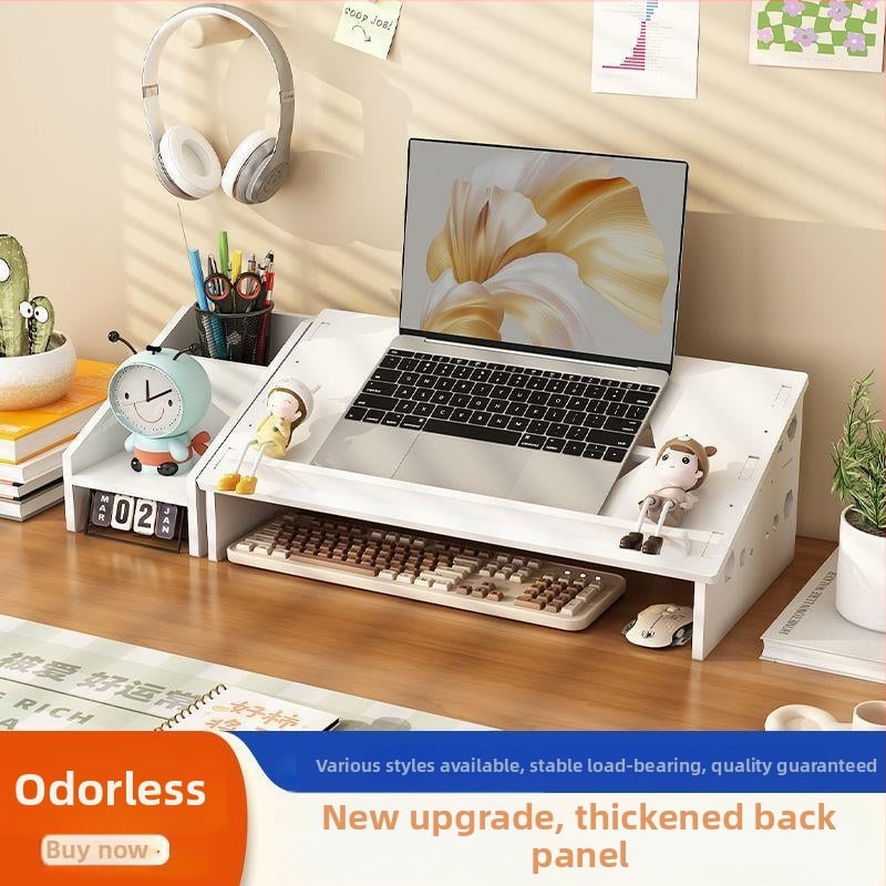 Datora klēpjdatora dzesēšanas statīvs ar regulējamu galda augstumu, kakla atbalstu un uzglabāšanas plauktu