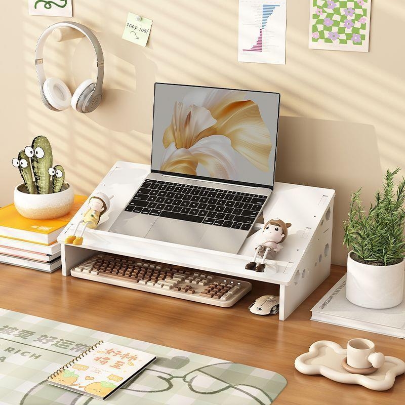 Datora klēpjdatora dzesēšanas statīvs ar regulējamu galda augstumu, kakla atbalstu un uzglabāšanas plauktu