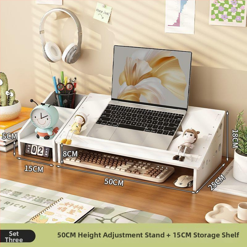 Datora klēpjdatora dzesēšanas statīvs ar regulējamu galda augstumu, kakla atbalstu un uzglabāšanas plauktu