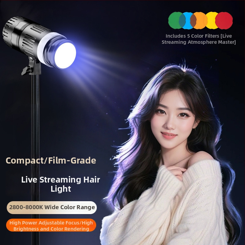 Tiešraides skaistumam paredzēta gaisma ar matu papildus gaismu, fokusa gaismu un kontūrgaismu, daudzkrāsaina krāsu temperatūra, neatkarīgs barošanas avots, spilgtuma regulēšana