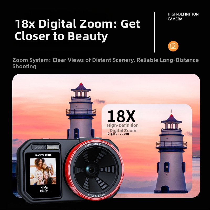 Skaitmeninis fotoaparatas su CMOSS 64MP jutikliu, 18x optinis priartinimas, 4K vaizdo įrašas, dviejų ekranų selfi dizainas