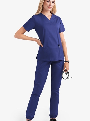 Set medical scrubs – două părți, unisex, mâneci scurte, decolteu în V, material cu uscare rapidă poliester-elastan (90–95% poliester)