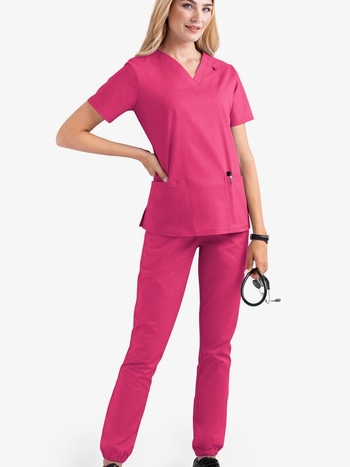 Set medical scrubs – două părți, unisex, mâneci scurte, decolteu în V, material cu uscare rapidă poliester-elastan (90–95% poliester)