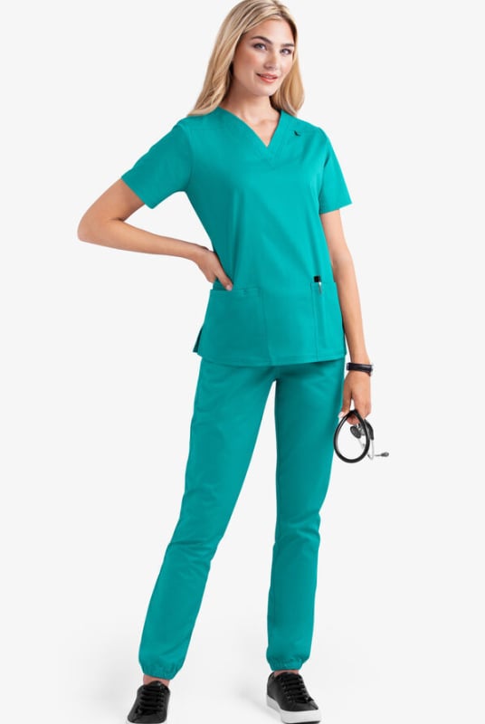 Set medical scrubs – două părți, unisex, mâneci scurte, decolteu în V, material cu uscare rapidă poliester-elastan (90–95% poliester)