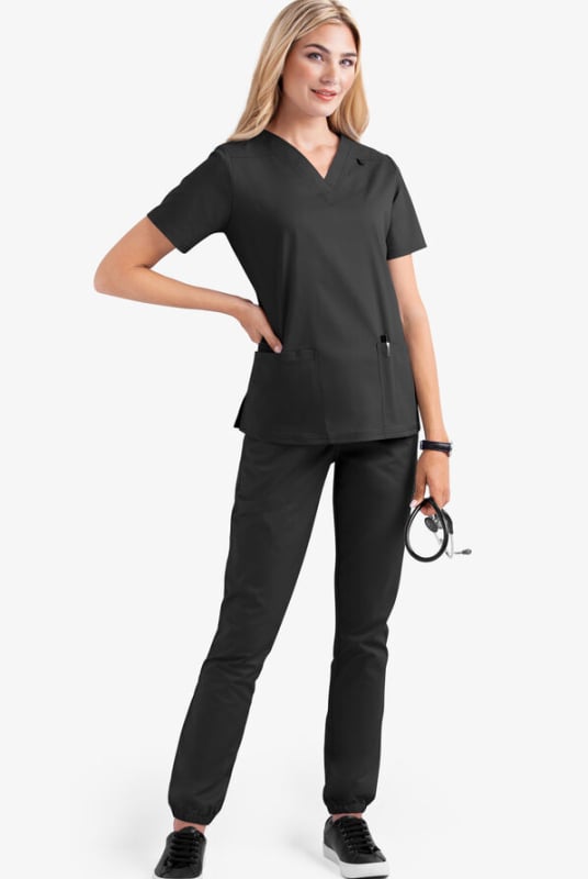 Set medical scrubs – două părți, unisex, mâneci scurte, decolteu în V, material cu uscare rapidă poliester-elastan (90–95% poliester)