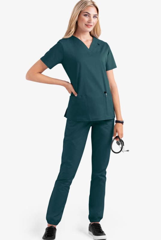 Set medical scrubs – două părți, unisex, mâneci scurte, decolteu în V, material cu uscare rapidă poliester-elastan (90–95% poliester)