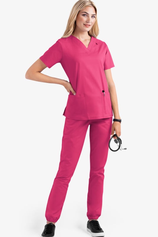 Set medical scrubs – două părți, unisex, mâneci scurte, decolteu în V, material cu uscare rapidă poliester-elastan (90–95% poliester)