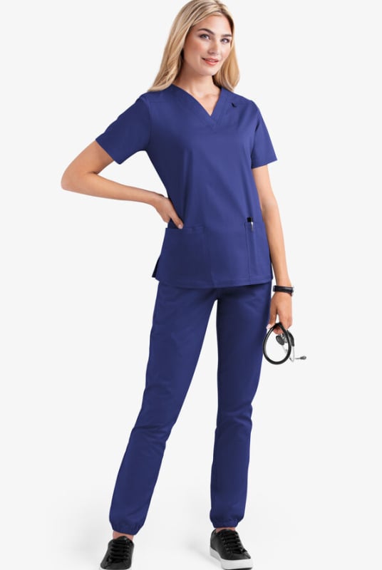 Set medical scrubs – două părți, unisex, mâneci scurte, decolteu în V, material cu uscare rapidă poliester-elastan (90–95% poliester)