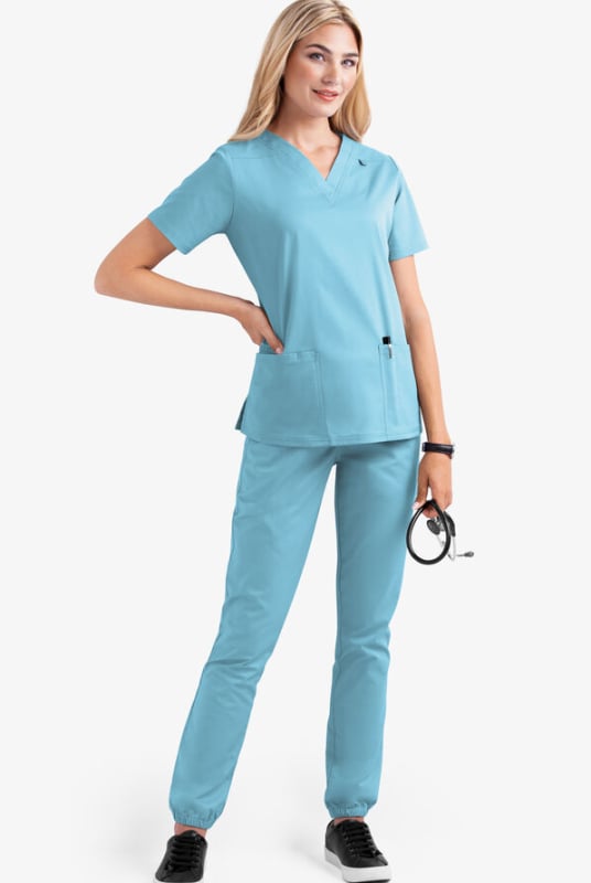 Set medical scrubs – două părți, unisex, mâneci scurte, decolteu în V, material cu uscare rapidă poliester-elastan (90–95% poliester)