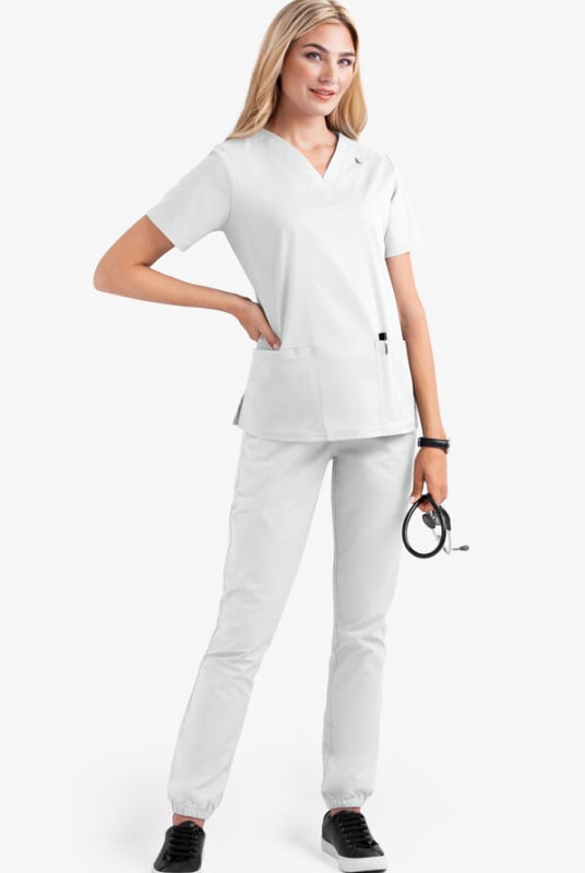 Set medical scrubs – două părți, unisex, mâneci scurte, decolteu în V, material cu uscare rapidă poliester-elastan (90–95% poliester)