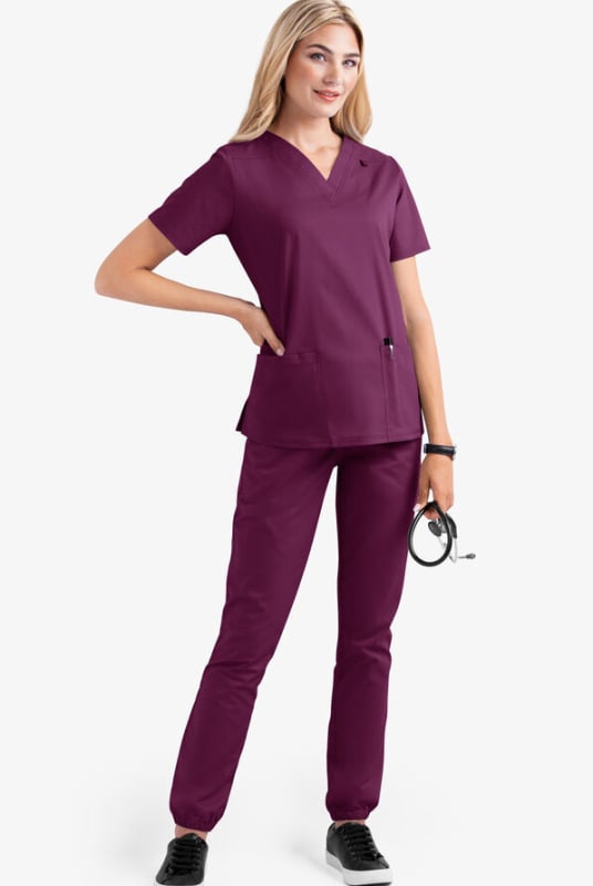 Set medical scrubs – două părți, unisex, mâneci scurte, decolteu în V, material cu uscare rapidă poliester-elastan (90–95% poliester)