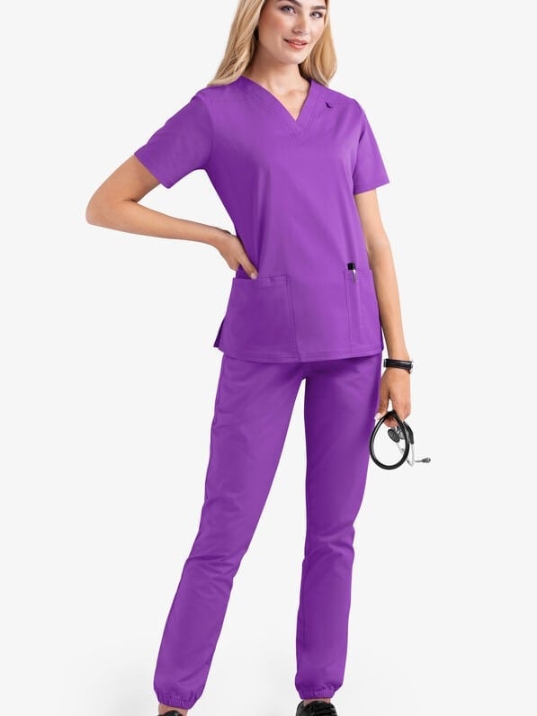 Set medical scrubs – două părți, unisex, mâneci scurte, decolteu în V, material cu uscare rapidă poliester-elastan (90–95% poliester)
