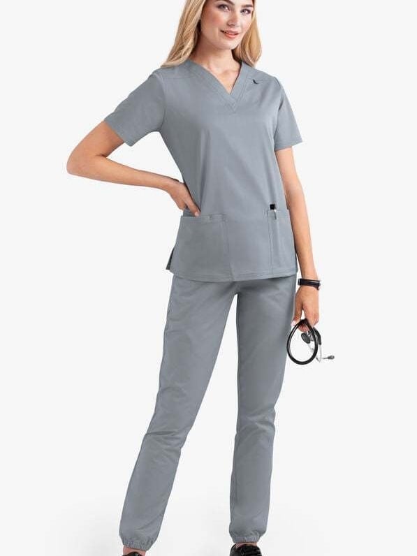 Set medical scrubs – două părți, unisex, mâneci scurte, decolteu în V, material cu uscare rapidă poliester-elastan (90–95% poliester)
