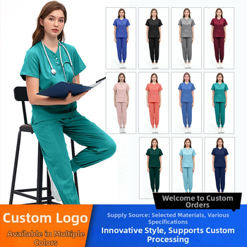 Unisex zdravotnícka súprava pre kozmetické salóny a zubné kliniky, materiál polyester-spandex s odvádzaním vlhkosti, krátke rukávy, V-krk, dvojdielny set (vrch a nohavice), jar 2024.