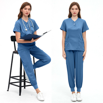 Unisex zdravotnícka súprava pre kozmetické salóny a zubné kliniky, materiál polyester-spandex s odvádzaním vlhkosti, krátke rukávy, V-krk, dvojdielny set (vrch a nohavice), jar 2024.