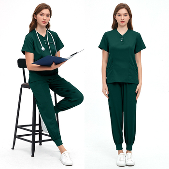 Unisex zdravotnícka súprava pre kozmetické salóny a zubné kliniky, materiál polyester-spandex s odvádzaním vlhkosti, krátke rukávy, V-krk, dvojdielny set (vrch a nohavice), jar 2024.