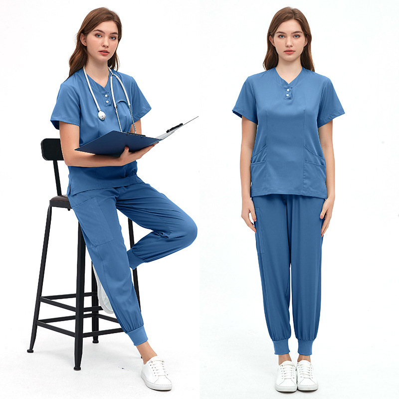Unisex zdravotnícka súprava pre kozmetické salóny a zubné kliniky, materiál polyester-spandex s odvádzaním vlhkosti, krátke rukávy, V-krk, dvojdielny set (vrch a nohavice), jar 2024.