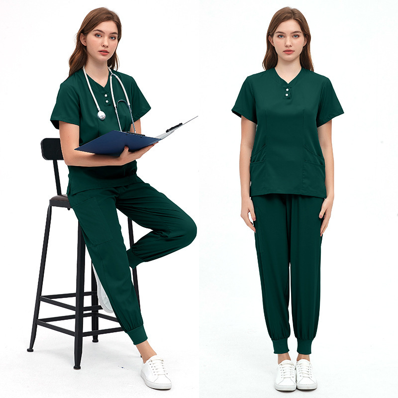 Unisex zdravotnícka súprava pre kozmetické salóny a zubné kliniky, materiál polyester-spandex s odvádzaním vlhkosti, krátke rukávy, V-krk, dvojdielny set (vrch a nohavice), jar 2024.