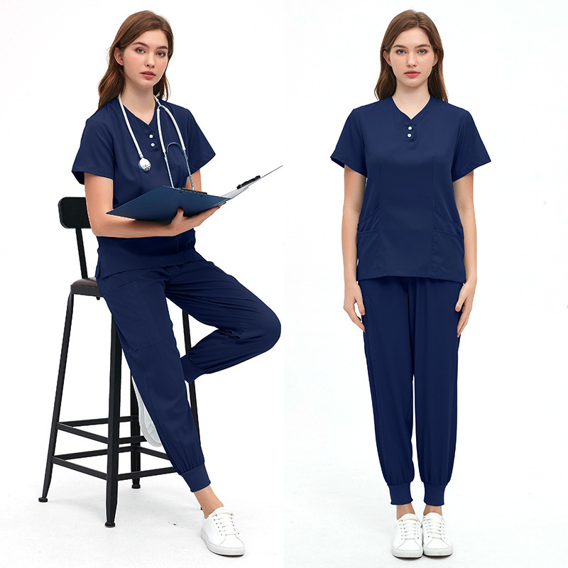 Unisex zdravotnícka súprava pre kozmetické salóny a zubné kliniky, materiál polyester-spandex s odvádzaním vlhkosti, krátke rukávy, V-krk, dvojdielny set (vrch a nohavice), jar 2024.