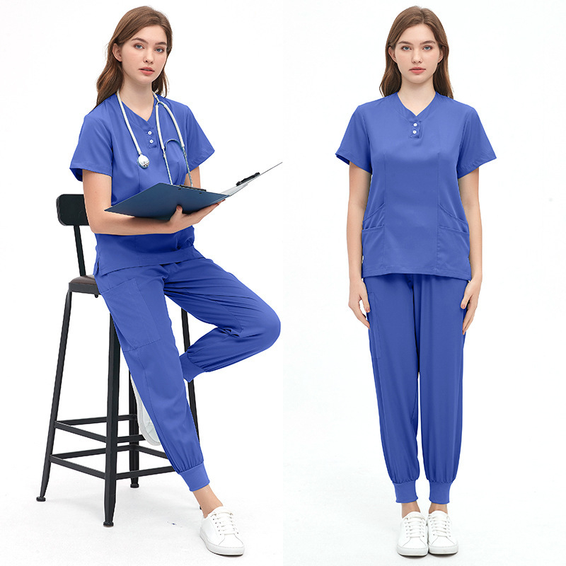 Unisex zdravotnícka súprava pre kozmetické salóny a zubné kliniky, materiál polyester-spandex s odvádzaním vlhkosti, krátke rukávy, V-krk, dvojdielny set (vrch a nohavice), jar 2024.