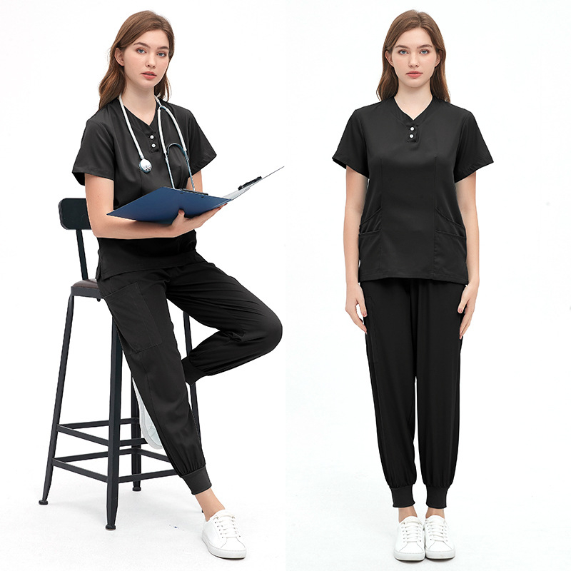 Unisex zdravotnícka súprava pre kozmetické salóny a zubné kliniky, materiál polyester-spandex s odvádzaním vlhkosti, krátke rukávy, V-krk, dvojdielny set (vrch a nohavice), jar 2024.